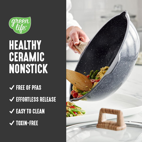 Nonstick 12” (5QT) All in One Deep Skillet Wok with Lid, Pfas-Free Non-Toxic Ceramic Multi-Purpose Pan, Induction, All Stovetop, Egg, Stir Fry, Saute, Stay Cool Handle, Granite Black2