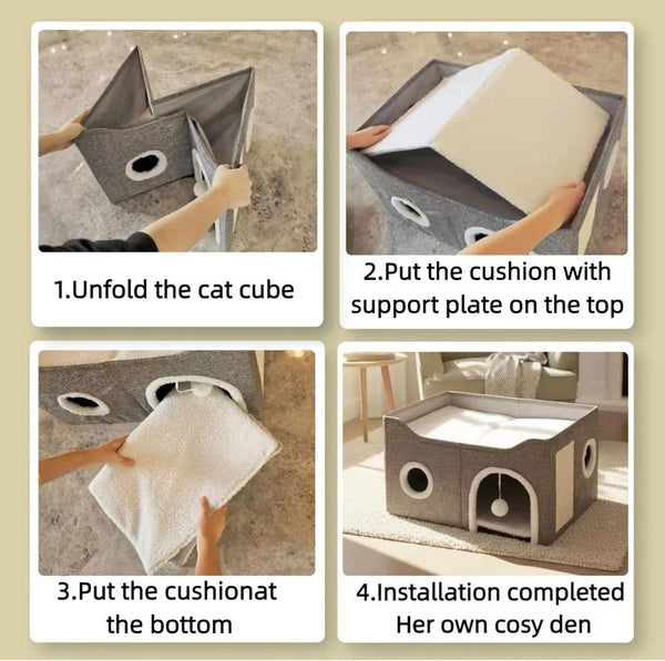 Eolahalcy Cat Beds for Indoor Cats - Large Cat Cave for Pet Cat House with Fluffy Ball Hanging and Scratch Pad, Foldable Cat Houses for Large Indoor Cats,Cat Hideaway, 23.8X15.9X13.2 Inches, Grey5