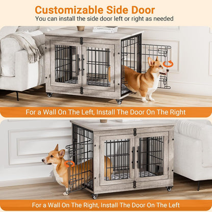 Medium Dog Crate Furniture, 32'' Heavy Duty Kennel W/Cushion & Wheels | Grey, Double Doors, Wooden Dog Cage, Chew-Resistant, End Table, Decorative, 27"/32"/38"/44" Options, Indoor3