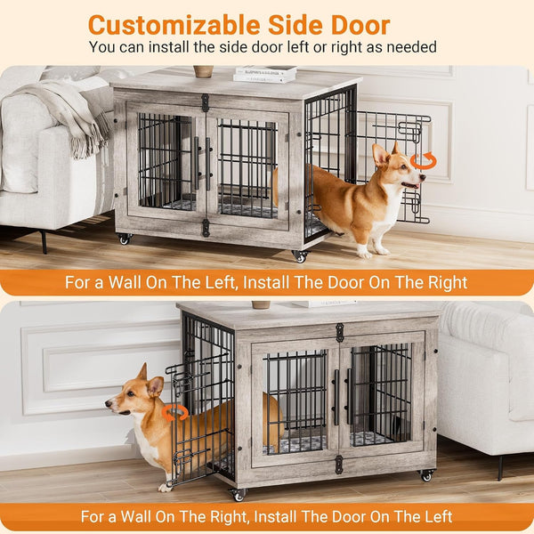 Medium Dog Crate Furniture, 32'' Heavy Duty Kennel W/Cushion & Wheels | Grey, Double Doors, Wooden Dog Cage, Chew-Resistant, End Table, Decorative, 27"/32"/38"/44" Options, Indoor3