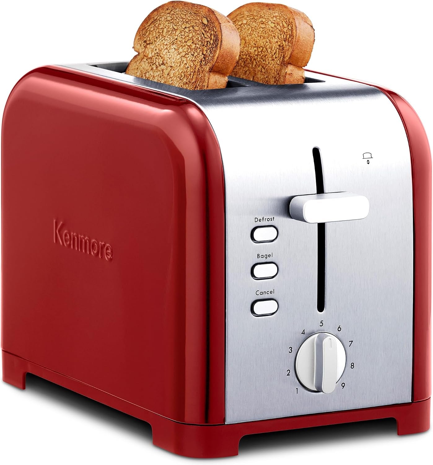 kenmore-2-slice-toaster-stainless-steel-red-and-silver-with-extra-wide-slots-self-adjusting-bread-guides-defrost-bagel-and-removable-crumb-tray-small-kkts2sr-az