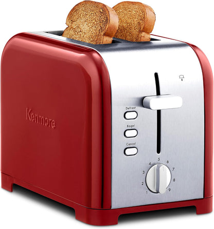 Kenmore 2-Slice Toaster, Stainless Steel, Red and Silver, with Extra Wide Slots, Self-Adjusting Bread Guides, Defrost, Bagel and Removable Crumb Tray, Small (KKTS2SR AZ)1