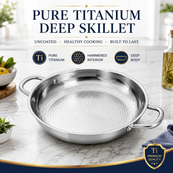 Titanium Hammered Pan, Upgrade Double Handle No Coating Non-Stick Titanium Cookware, Ultra-Durable, Scratch-Resistant, Even Heating Frying Pans, Compatible with All Cooktops,11.02In/Lid2