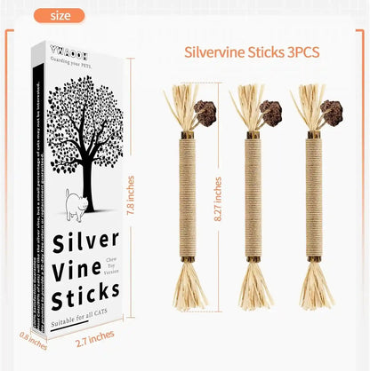 3 Pack Silvervine Sticks Cat Toys, 100% Natural Kitten Teething Chew Toys, Catnip Toys for Kittens & Cats, Cat Approved Gift, Protects Furniture6