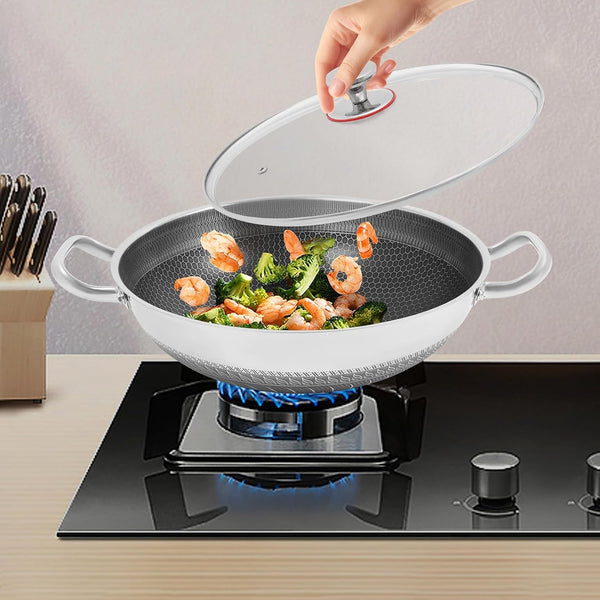 Wok Pan,Hybrid Wok with Lid,Non Stick Stainless Steel Woks & Stir-Fry Pans Nonstick Frying Pan Dishwasher and Oven Safe, Works on Induction (13 Inch)5