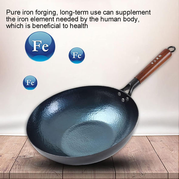 Chinese Handhammered Iron Woks and Stir Fry Pans, Flat Bottom Wok，No Coating Non-Stick, Suitable for All Kinds of Stoves (Diameter 32Cm/12.59In)4