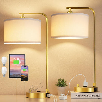 Gold Bedside Lamps Set of 2, Fully Dimmable Lamps for Night Stands, USB A+C | Modern, Linen Lampshade, USB Port and Outlet, Tall Desk Lamps for Bedroom, Nightstand, Living Room, Home Office, End Table1