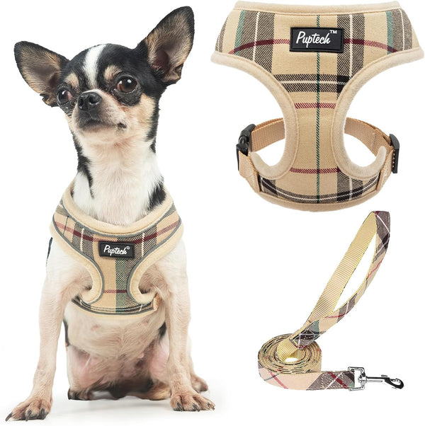 PUPTECK Soft Mesh Dog Harness Small Sized and Leash Set Pet Puppy Cat Comfort Padded Vest No Pull Harnesses, Beige, S35