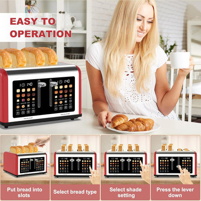 4 Slice Toaster Touch Screen, Stainless Steel Toasters Digital Timer, Dual Control Panel Toasters, 8 Shade Settings 6 Bread Types for Bagel, Cancel, Defrost 1650W Red6