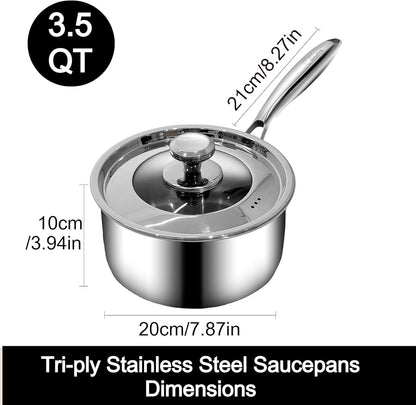 3.5 QT Tri-Ply Stainless Steel Saucepan with Visible Lid Small Pot Sauce Pan for Cooking Milk Noodle Pasta Soup Vegetable, Dishwasher Safe Induction Compatible(Detachable Handle)4