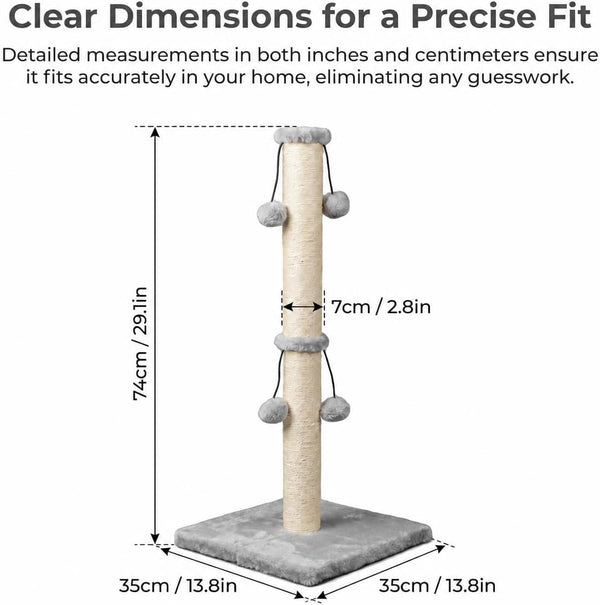 Dimaka 29'' Cat Scratching Post, Natural Sisal Rope Scratcher Post, Kitten Claw Scratch with 4 Danglingtoy Balls for Large Cats (Grey)2
