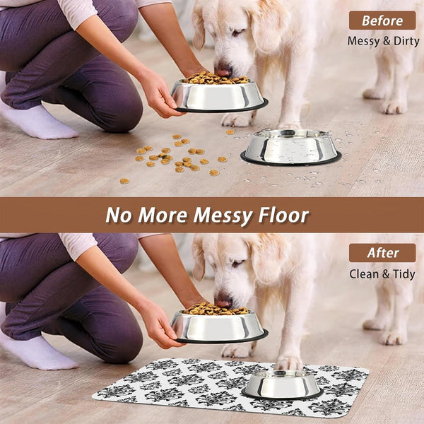 Vintage Damask Flower Dog Cat Food Mat,White Black Floral Absorbent Pet Feeding Mat for Food and Water,Non-Slip Dog Bowl Mats Floor Protector 12"X20"5