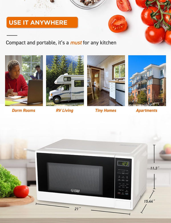 1.1 Cu. Ft. Countertop Microwave Oven, CHCM11100W, White | Touch Controls with Digital LED Display, 1100W Microwave, 12.4” Turntable, Push Button Door, 10 Power Levels7