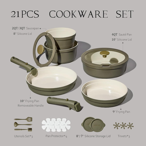 21Pcs Ceramic Cookware Sets, Nonstick Pots and Pans Set Non Toxic | Space Saving, Detachable Handle, Dishwasher & Oven Safe, PFAS Free, Kitchen/Apartment/Camping/Rv/ Traveling Cooking Sets2
