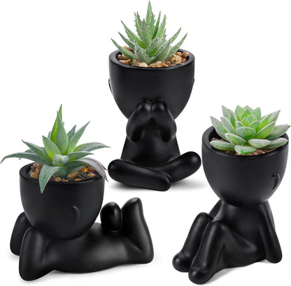 3 Pack Fake Plants in Black Pots for Bathroom Living Room Decor | Unique Black Human-Shaped Pot，Cute Fake Succulents Plants，Perfect for Black Desk Shelf Bedroom Halloween Decor，Fresh All Year1