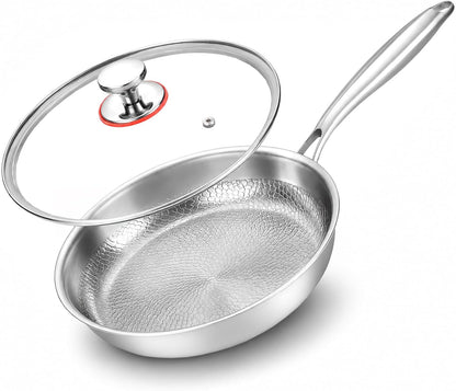 10-Inch Titanium Alloy Hammered Frying Pan with Lid, Chef-Grade No-Coating Tri-Ply Skillet, Compatible with Induction, Gas, Electric & Ceramic Cooktops, Oven & Dishwasher Safe (10In)1