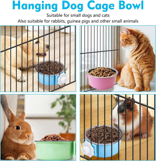 Kathson Crate Dog Bowl, Removable Stainless Steel Hanging Pet Kennel Cage Bowl Food & Water Feeder Coop Cup for Puppy, Cat, Rabbit, Guinea Pigs Ferret Bird (2 PCS, Size: M, Blue and Green)7