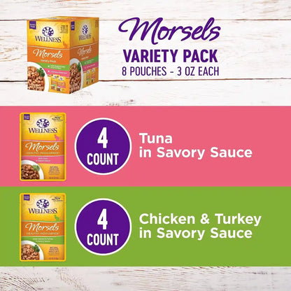 Wellness Healthy Indulgence Morsels Variety Pack Adult Wet Cat Food, Natural, Protein Rich, Grain Free, 2 Flavors, 3 Oz, Pack of 8 Pouches2