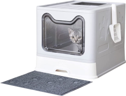 Medario Cat Litter Box with Litter Mat and Scoop, Large Covered Litter Box with Lid, Enclosed Kitty Box, Front Entry Top Exit, Odor Control, Easy to Clean (Grey)1