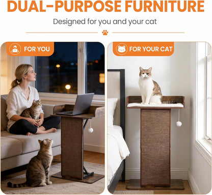 Modern Wood Cat Tree Tower for Indoor Large Adult Cats with Big Perch Bed | 33.8In Tall Wooden Cat Trees with Platform, Cat Scratching Pads, Washable Cushions, Cat Furniture for Window, Rustic Brown3