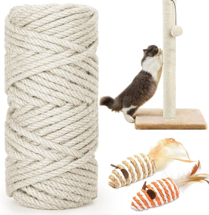 328FT 1/4 Inch Cat Scratching Sisal Rope for Cat Trees & Posts | Thick White Jute Rope with 2 Cat Mouse Toys for Scratch Posts, Cat Towers & DIY Projects8