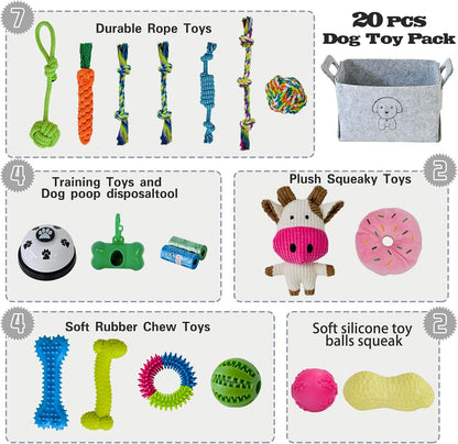 MRSOHRET 20Pcs Puppy Chew Toys for Teething, Dog Chew Toys with Rope Toy, Pet Dog Toothbrush, Treat Balls, Plush Toys and Squeaky Toys for Small Medium Dogs with Basket to Keep Them Busy2