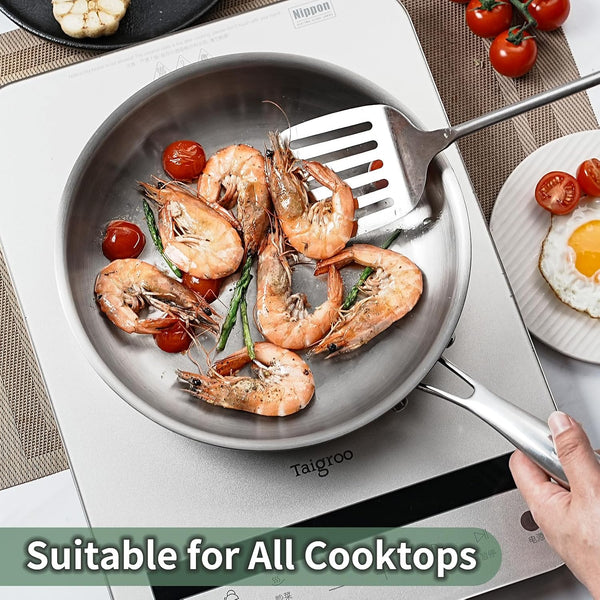 10 Inch Tri-Ply Stainless Steel Frying Pan with Lid,No Coatings PFOA&PTFE Free Skillets,Chef'S Pans,Dishwasher and Oven Safe Cookware, Compatible with All Cooktops3