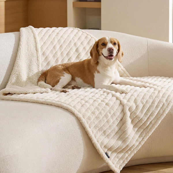 Bedsure Comfyfleece™ Waterproof Dog Blankets for Large Dogs,50X60 Cream | Soft Plush Couch Cover,Washable Corduroy Fleece for Furniture Protector,Cozy Calming Reversible Pet Blanket for Senior Dogs12
