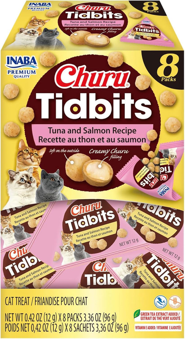 INABA Churu Tidbits Chewy Cat Treats, Tuna Salmon, 8Ct | Immune Support, Antioxidant Support, 70% Moisture, Training Treat, Dual Texture, 8 X 0.42 Oz Packs1