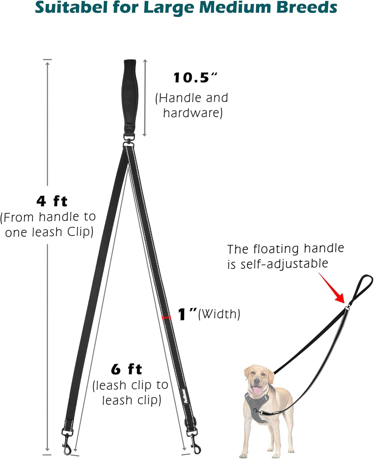 petbonus-two-point-control-dog-leash-no-tangle-training-walking-leashes-soft-padded-handle-reflective-works-with-no-pull-harnesses-converts-to-single-lead-for-medium-large-dogs-black