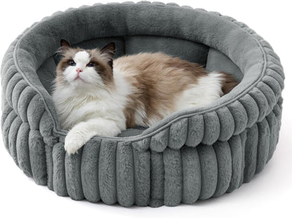 Bedsure Comfyfleece™ Washable Cute Large Cat Bed,Soft round Puppy Bed,23In | Cozy Fluffy Plush Small Dog Bed,Donut Corduroy Cuddler Pet Beds for Indoor Big Cats,Anti-Slip Bottom,Up to 20 Lbs,Cream9