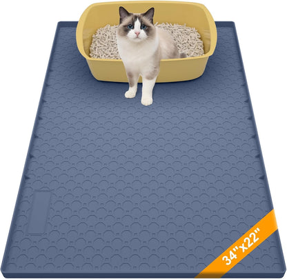 Silicone Large Cat Litter Mat 34" X 22", Cat Mat for Litter Box, Cats Litter Trapping Mat, Non-Slip and Waterproof, Raised Edges, Blue1