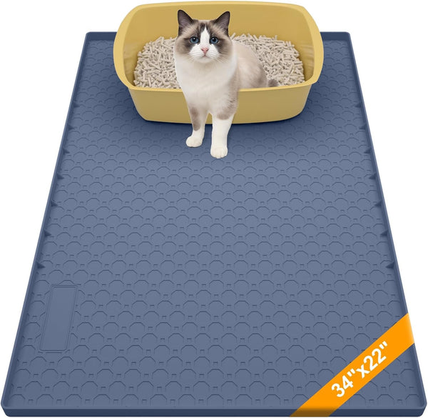 Silicone Large Cat Litter Mat 34" X 22", Cat Mat for Litter Box, Cats Litter Trapping Mat, Non-Slip and Waterproof, Raised Edges, Blue1