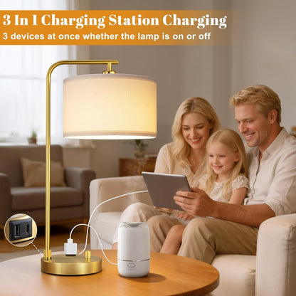 Gold Bedside Lamps Set of 2, Fully Dimmable Lamps for Night Stands, USB A+C | Modern, Linen Lampshade, USB Port and Outlet, Tall Desk Lamps for Bedroom, Nightstand, Living Room, Home Office, End Table3