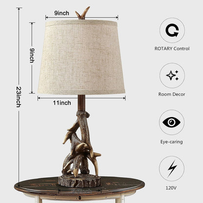 23'' Rustic Farmhouse Table Lamps Set of 2 Deer Antler Lamps for Bedroom Nightstand Lamp Western Cabin Side Lamp for Living Room End Table Study Room Desk,Brown2