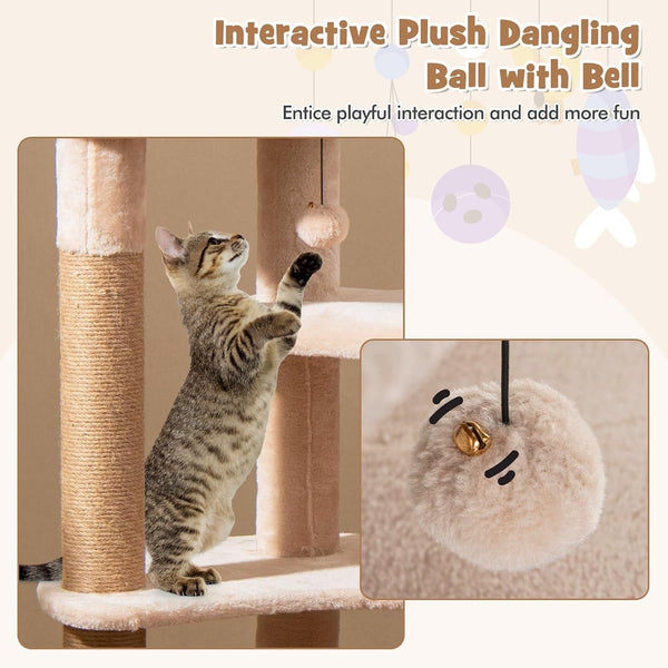 PETSITE 65-Inch Cattail Cat Tree Tower, Multi-Level Cat Tower with Natural Jute Scratching Posts, Cat Bed, Top Perch, Dangling Balls and Jumping Platforms, Modern Tall Cat Tree for Indoor Cats9