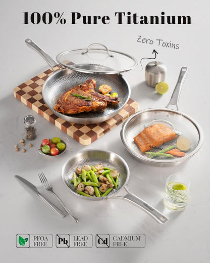 Titanium Pans Set with 2Lids,8+10+12Inch Pure Titanium Hammered Upgarde Pro Non-Toxic Skillet for Cooking, PFAS/PFOA/PTFE Free Cookware, Dishwasher&Oven Safe, Kitchen Induction Compatible2