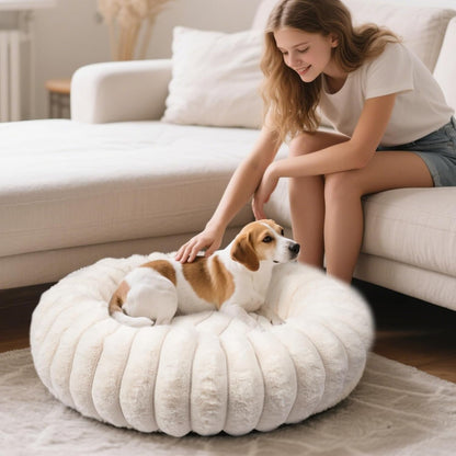 Donut Dog and Cat Bed, Luxurious Comfortable Faux Rabbit Fur Pet Beds, round Anti-Anxiety Calming Puppy Kitten Bed with Anti-Slip Bottom for Small Medium Dogs & Cats(20", White)9