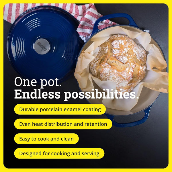 Essential Enamel Cast Iron Dutch Oven, 6 Quart, Indigo | Ideal for Bread Baking, Braising, Marinating & Slow Cooking, Features Moisture-Sealing Lid & Dual Handles2