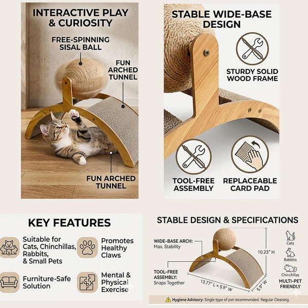 2-In-1 Rabbit Scratching Toy - Natural Sisal Ball & Corrugated Cardboard Pad Bunny Claw Scratcher, Stable Wood Arch Bridge Interactive Toys for Rabbits, Kittens, Ferrets, Chinchillas6