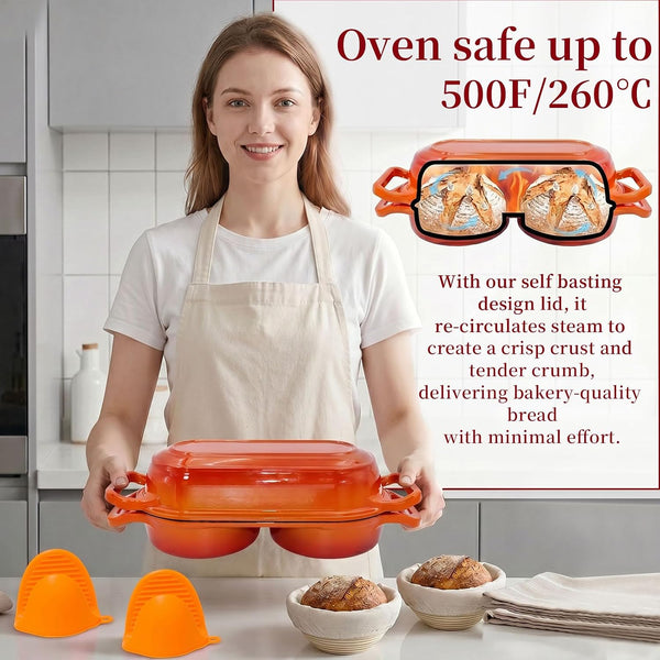 Cast Iron Bread Pan with Lid, Double Dutch Oven for Sourdough Bread Baking, 2 round Loaf Compartments + 2Pack 5-Inch Baking Bowls and 2 Anti-Scald Clips, Oven Safe to 500°F, Dutch Oven Red3