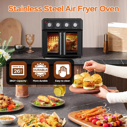 26QT Air Fryer Toaster Oven Combo - French Doors & 7 Preset Menus, 1700W Stainless Steel Convection Countertop Oven for Bake, Roast, Grill, Toast, Dehydrate, Defrost, Easy to Clean (Black)8