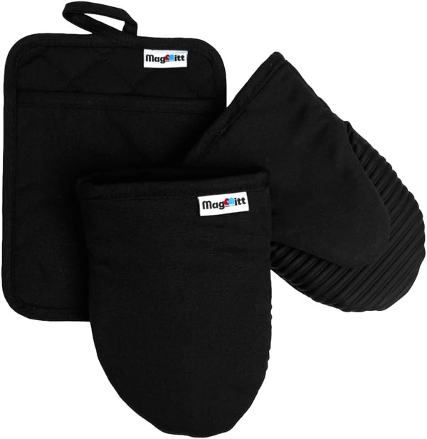 Magnetic Oven Mitts & Pot Holder 3 Pc Set, High Heat Silicone Black | Heat Resistant to 500F, 2 Mini Mitts & 1 Hot Pad, Magnetic Storage, Non-Slip Grip, 100% Machine Washable, Premium Cotton1