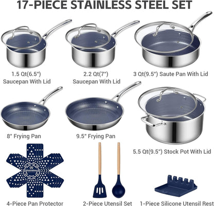 Hybrid Stainless Steel Cookware Set, 17-Piece Tri-Ply Pots and Pans Set Non Stick, Induction Kitchen Cookware Sets, Dishwasher & Oven Safe, PFOA Free, All Cooktops Compatible, Navy Blue3