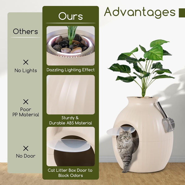 Tangkula Hidden Litter Box Plant, Cat Litter Box Enclosure Furniture with Odor Removal System, 4 Modes Lights, Artificial Plant, Pebbles, Door, Scoop, Planter Litter Box for Large Cats, Easy to Clean9