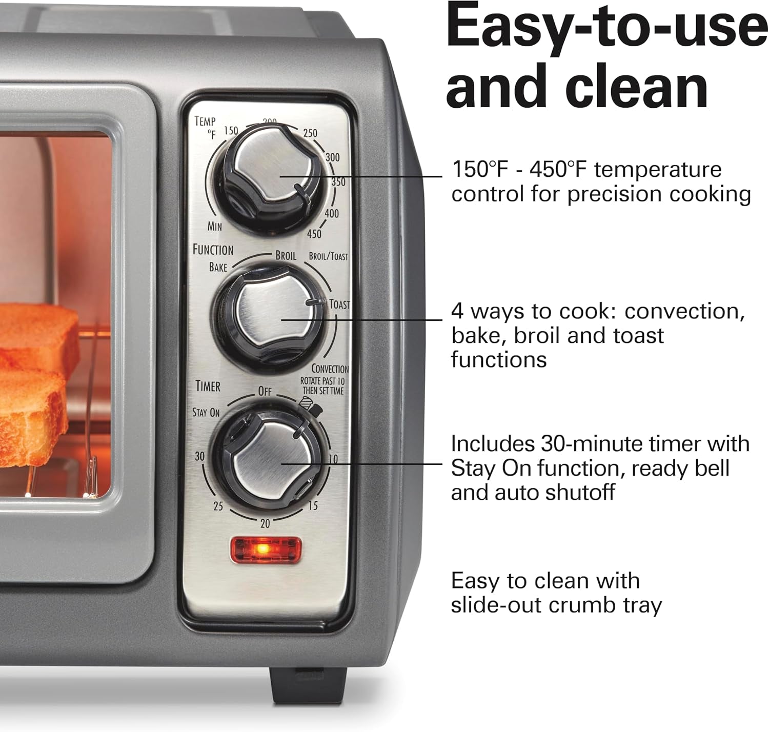 easy-reach-6-slice-countertop-convection-toaster-oven-roll-top-door-for-easy-access-bake-broil-toast-functions-150-to-450ºf-adjustable-temp-auto-shutoff-silver