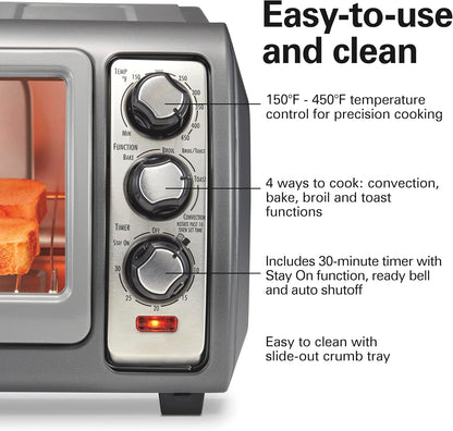 Easy Reach 6 Slice Countertop Convection Toaster Oven | Roll-Top Door for Easy Access | Bake, Broil & Toast Functions | 150 to 450ºf Adjustable Temp | Auto Shutoff | Silver6