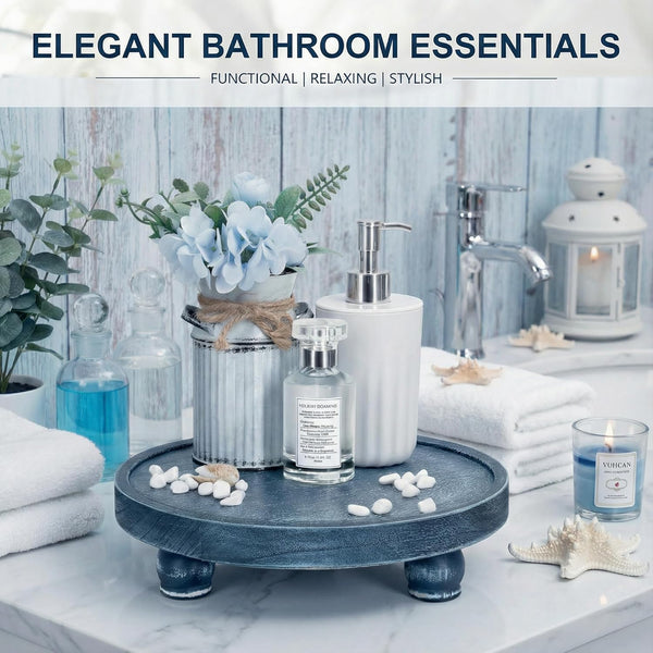 round Wood Riser for Kitchen Counter, Bathroom Decorative Tray, Blue | 10"Display Stand, Non-Slip Mat, Ideal Soap Holder, Vanity Organizer, Blue Bathroom Decor, Blue Bathroom Accessories2