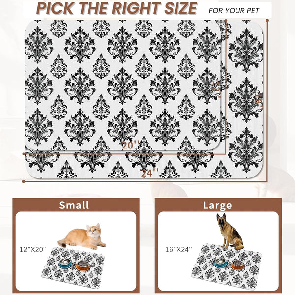 Vintage Damask Flower Dog Cat Food Mat,White Black Floral Absorbent Pet Feeding Mat for Food and Water,Non-Slip Dog Bowl Mats Floor Protector 12"X20"2