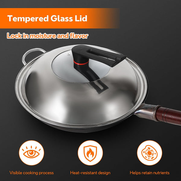 14 Inch Carbon Steel Wok with Lid, round Bottom Wok Pan, Blue Pre-Seasoned Chinese Stir Fry Pan for Open Flame Cooking, Large Traditional Pow Wok for BBQ, Grill, Camping, Home Cooking6